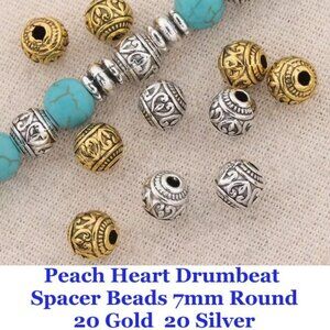 Peach Heart Drumbeat Straight Hole Spacer Beads 7mm Round 20 gold 20 silver